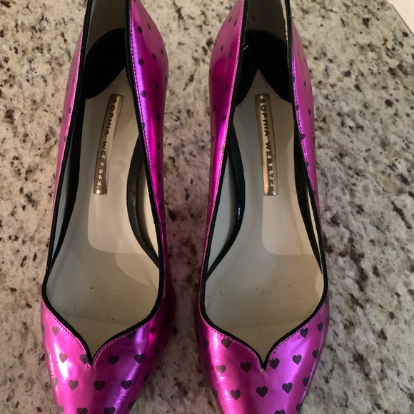 Designer Sofia Webster Luella Pink Metallic Foil Hearts Stiletto Heels SZ 39 - Picture 7 of 8
